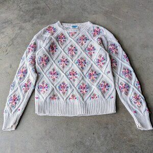 Vintage Partners by Mervyn Embroidered Floral Diamond Knit Sweater medium